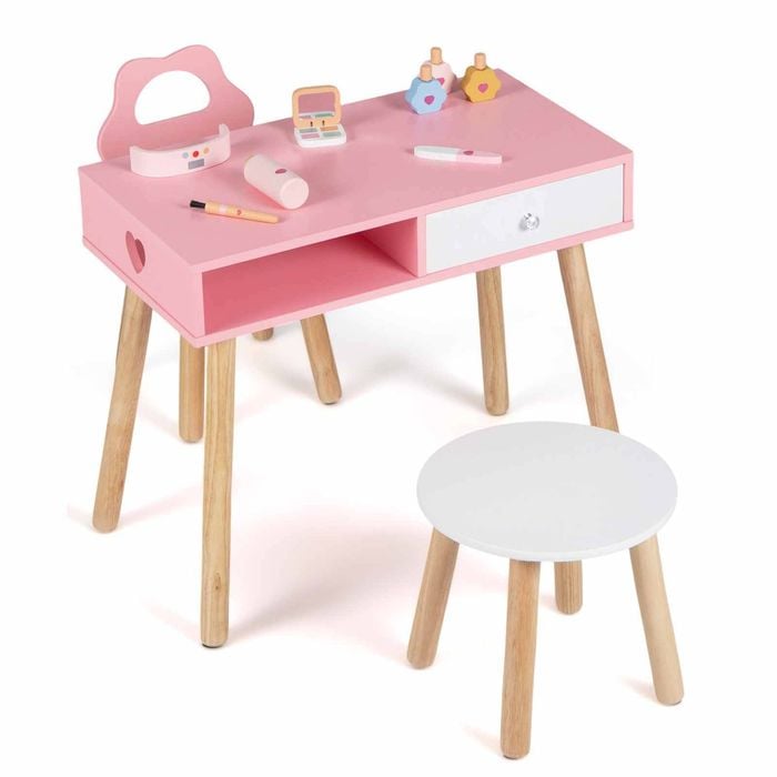 Costway Kid Table Chair Stool Set Pretend Nail Salon Playset Accessories