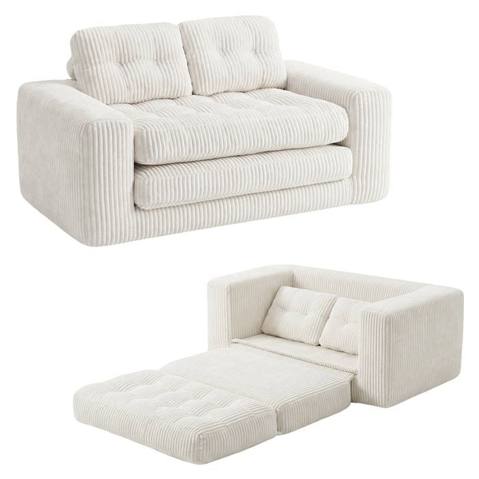 Advwin Folding Sofa Bed 2 in 1 Convertible Floor Loveseat Sofa Fold Out Corduroy Sleeper Couch w/ 2 Pillows Beige