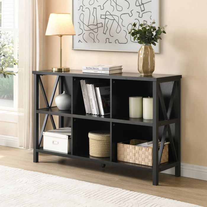 Homfurn 6 Cube Storage Organizer With Shelf, Long Wood And Metal Cubby Bookcase And Consle Table, Black Bookshelf