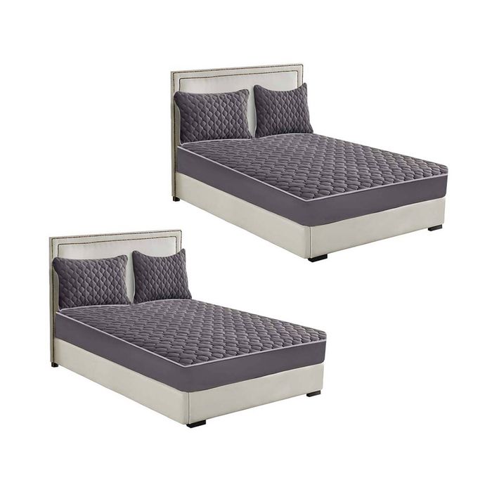 SOGA 2 Pack Grey Double Clover Quilted Fleece Mattress Cover Sets with 4 Pillowcases