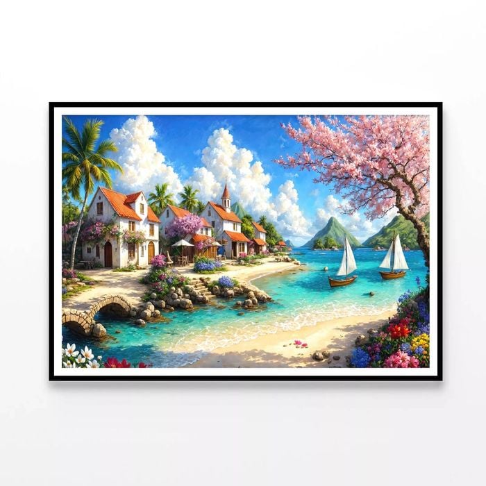 Houses, Boats with Trees  Print 100% Australian Made 120x90cm  (Poster)