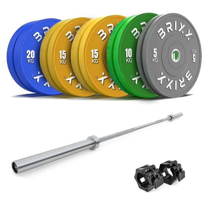 Brixx 130kg Pro Colour Olympic Bumper Plates + 20kg Barbell
