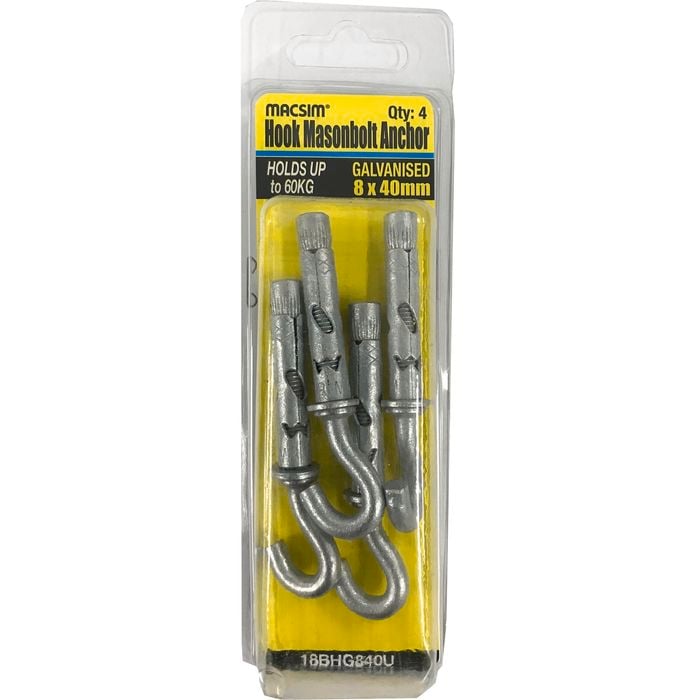 Macsim 8 x 40mm Galvanised Masonbolt Hook - 4 Pack