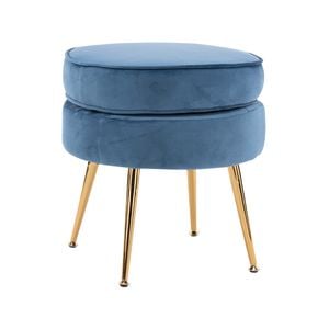 La Bella Navy Blue Round Ottoman Foot Stool Velvet Fabric Metal Leg