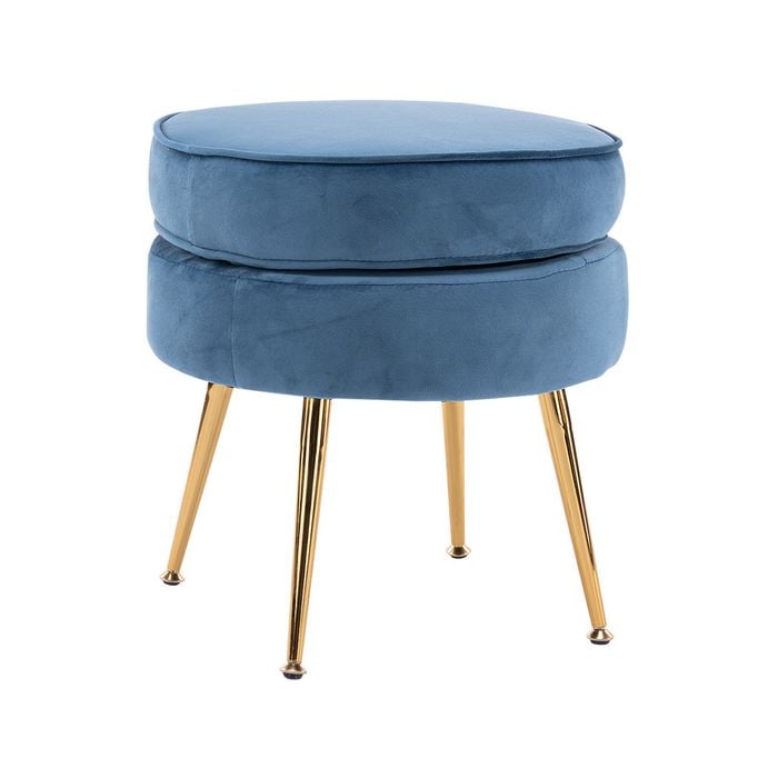 La Bella Navy Blue Round Ottoman Foot Stool Velvet Fabric Metal Leg