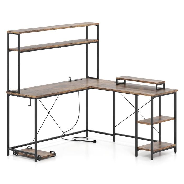 Costway L-shaped Gaming Desk W/power Outlets Reversible Led Computer Table Brown