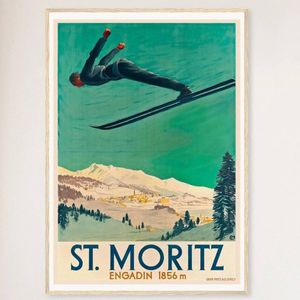 Galrie Vintage Aerial Ski Poster of St. Moritz in Engadin, Switzerland Artwork, Wood Frame, 70 x 100cm (28 x 40inch)