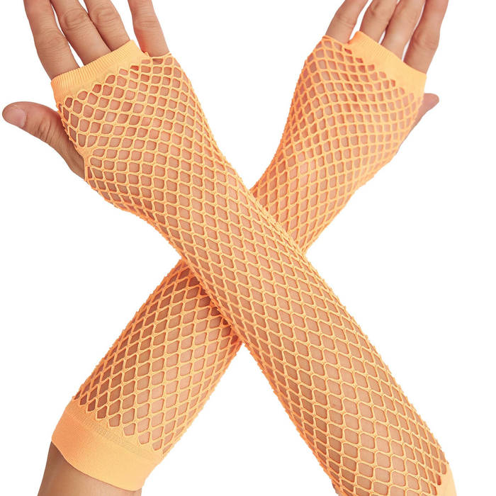 12x Long Elbow Length Fishnet Gloves Fingerless 70s 80s Wos Costume Party Bulk in Orange