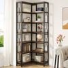 Oakory 7-tier Hexagonal Corner Bookshelf 200cm Tall With Railings Rustic Brown Wood And Black Metal Frame