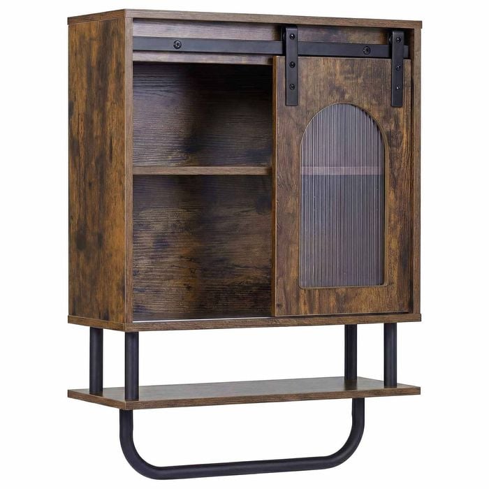 Costway Wall Storage Cabinet Industrial Hanging Bar 3tier Laundry Brown