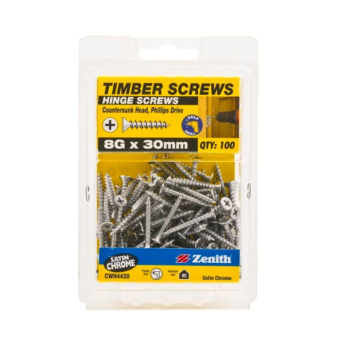 Zenith 8G x 30mm Satin Chrome Countersunk Head Hinge Timber Screws - 100 Pack