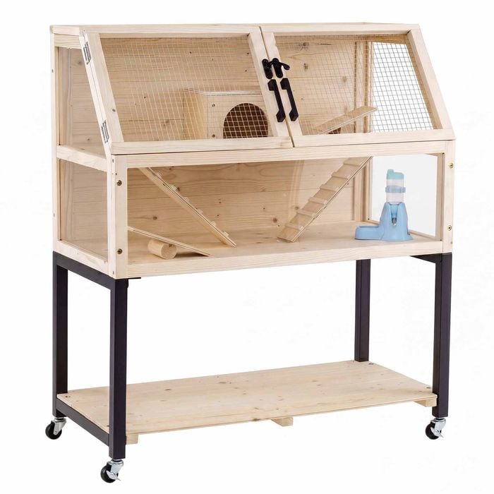 Costway Wood Mobile Hamster Cage 2Tier Ramp Seesaw Hut