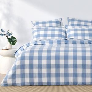 Dreamaker Remy Washed Cotton Yarn Dyed Check Quilt Cover Set Cornflower Super King