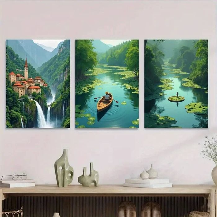 3pcs Scenic Waterfall Village Vibrant Nature  Print 100% Australian Made 3 x 40x60cm (Metal Print)