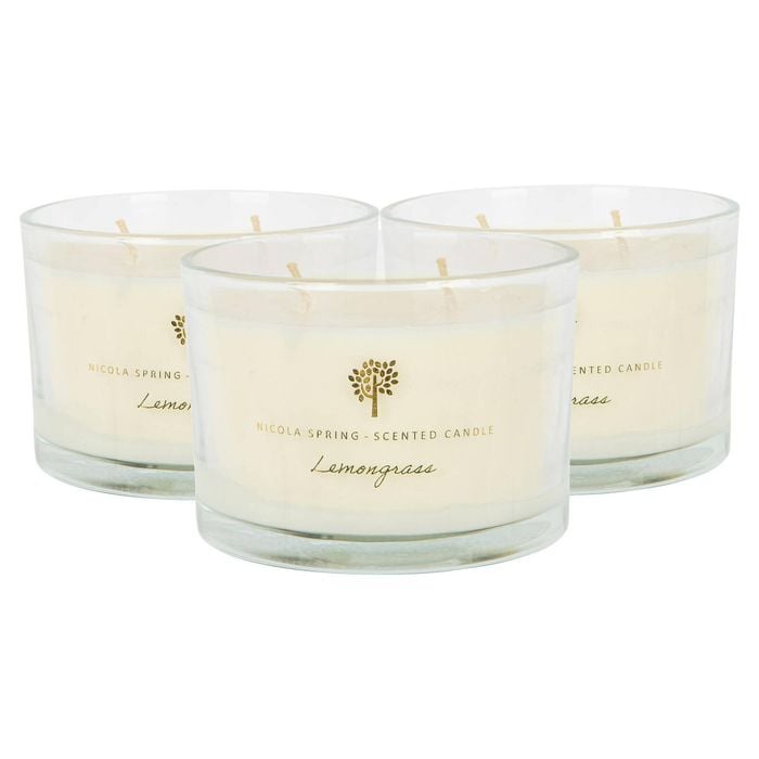Nicola Spring Soy Wax Scented Candles 350g - Lemongrass Pack Of 3 Double Wick Glass Jars Fruity Summer Scent Long Burn Fragrance