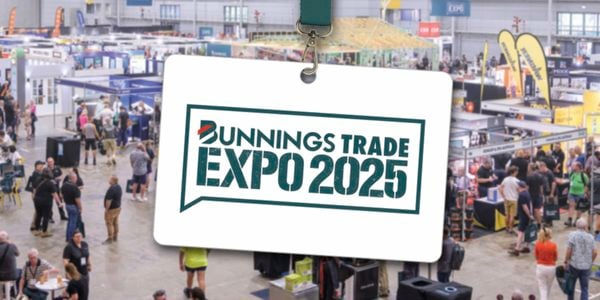 Graphic of a lanyard with Bunnings Trade expo 2025 written on it, over the top of an image of the trade expo.