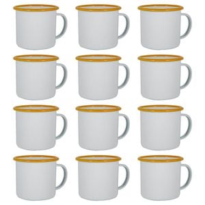 Argon Tableware 375ml Enamel Mugs - Yellow Rim - Set Of 12 Metal Drinking Cups Coffee Teacup Mug Set Hot, Cold Drinks Cups