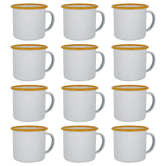 Argon Tableware 375ml Enamel Mugs - Yellow Rim - Set Of 12 Metal Drinking Cups Coffee Teacup Mug Set Hot, Cold Drinks Cups