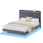 Advwin Floating Bed Frame With Led Lights And Charging Station, Velvet Upholstered Storage Headboard, Double Size,grey