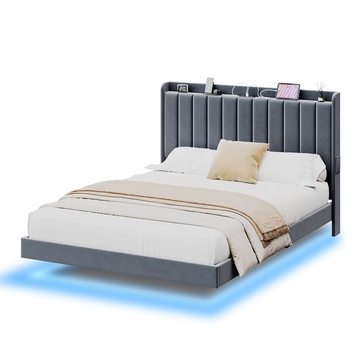 Advwin Floating Bed Frame With Led Lights And Charging Station, Velvet Upholstered Storage Headboard, Double Size,grey