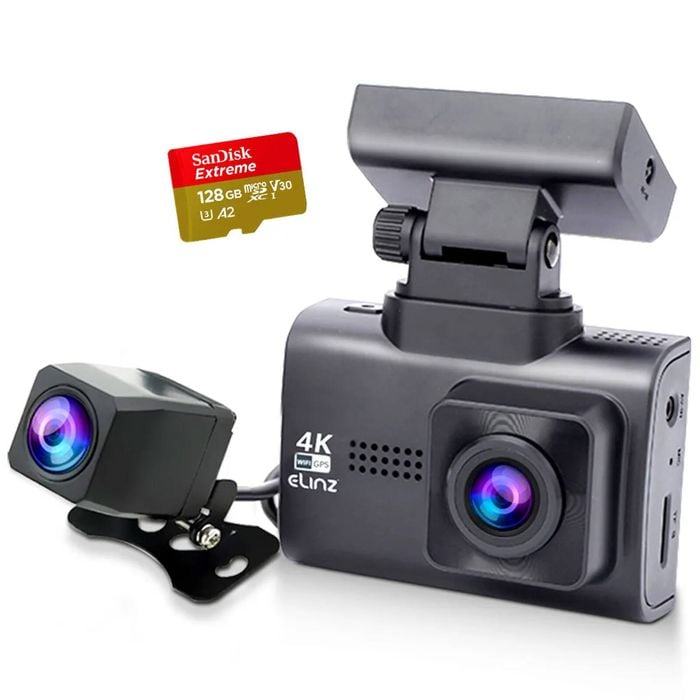 Elinz 4K Dash Cam 2K Rear Camera WiFi GPS WDR Supercapacitor DVR 128GB U3 Card