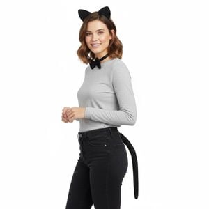 BLACK CAT EARS HEADBAND w Bow Tail Animal Costume Halloween Party Hair Accessory