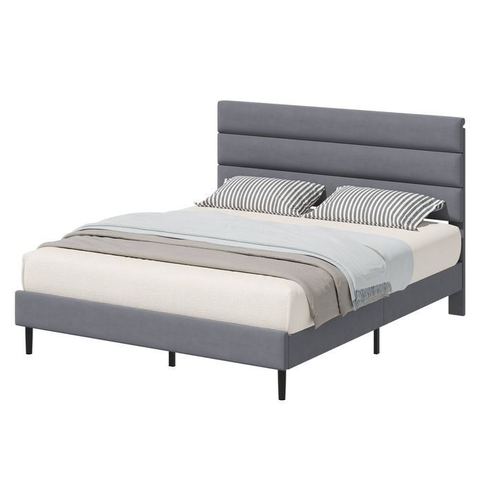 Advwin Double Velvet Upholstered Bed Frame with Wooden Slats Grey