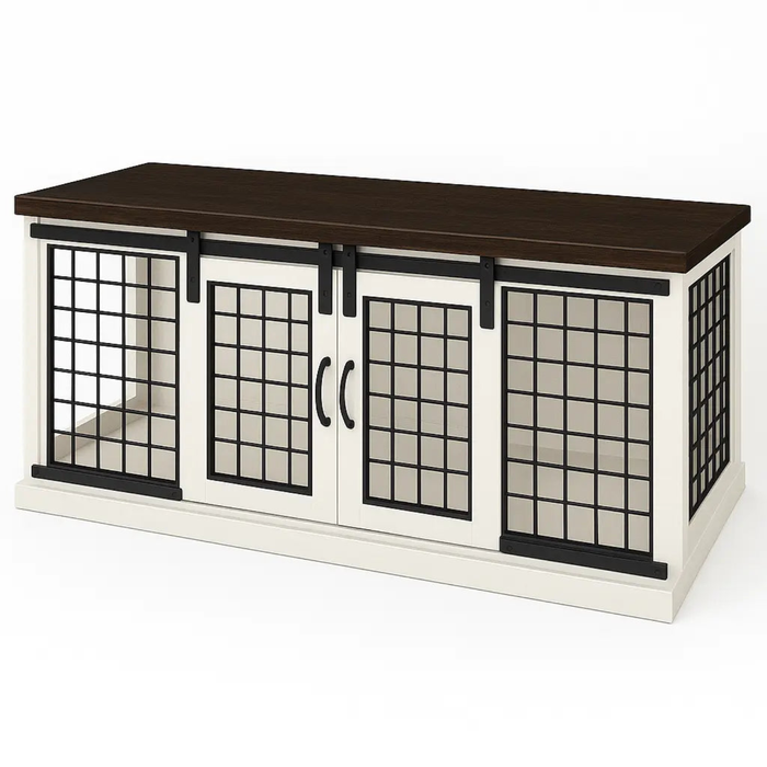 Paws and Willow Open Plan Arctic White with Espresso Top Wooden Dog Crate Barn Doors with Mesh