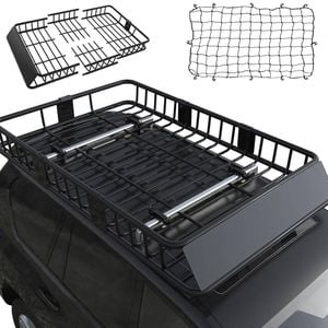 Advwin Roof Rack Basket with Cargo Net, 64" x 39" x 5" 115kg Rooftop Cargo Carrier Basket, Steel Roof Rack with Wind Fairing