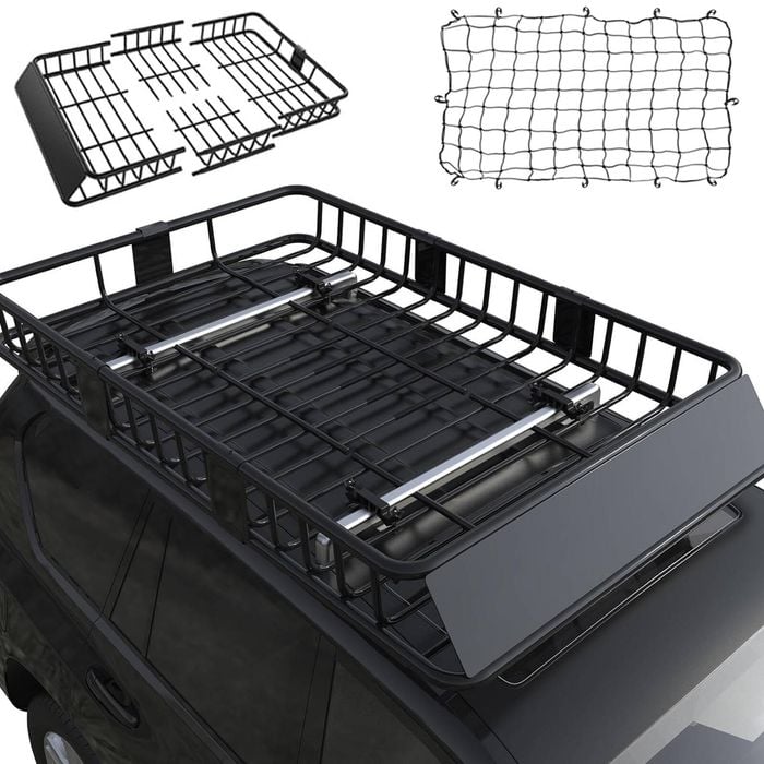 Advwin Roof Rack Basket with Cargo Net, 64" x 39" x 5" 115kg Rooftop Cargo Carrier Basket, Steel Roof Rack with Wind Fairing