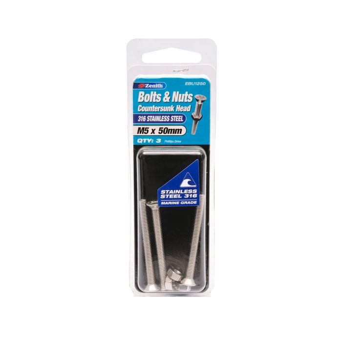 Zenith M5 x 50mm 316 Stainless Steel Countersunk Head Bolt And Nut - 3 Pack