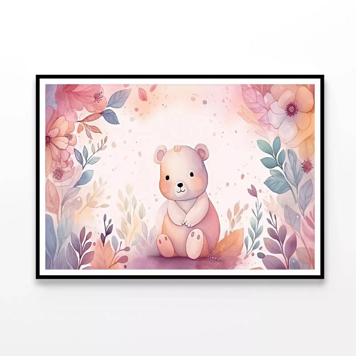 Happy Baby Bear with Flowers  Print 100% Australian Made 120x90cm  (Poster)
