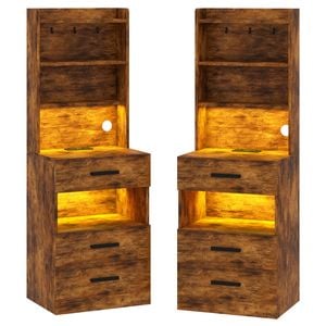 Ufurniture 2xtall Bedside Cabinet With Charging Station & Led Lights 3 Drawers And 3 Storage Shelves Walnut
