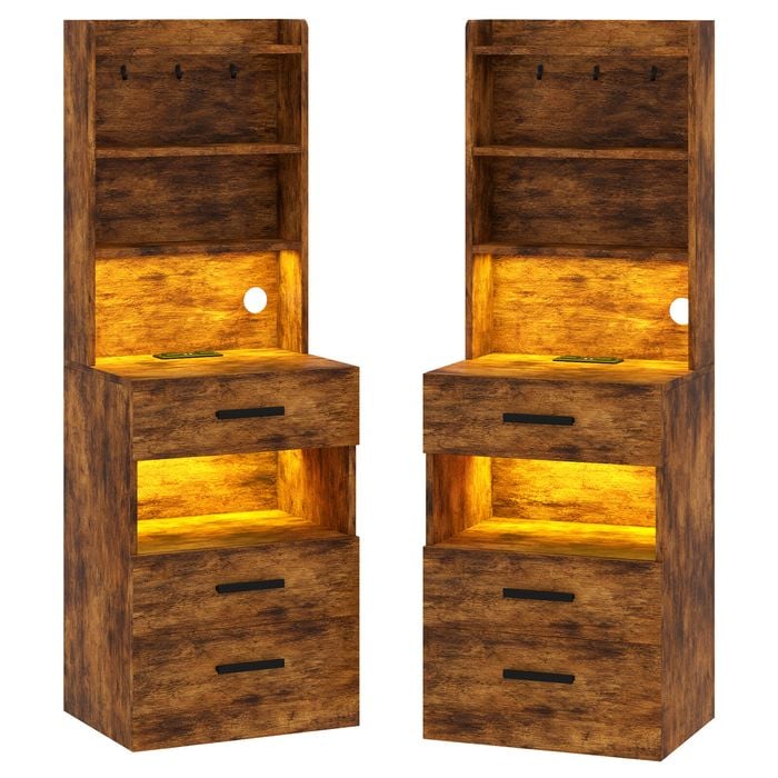 Ufurniture 2xtall Bedside Cabinet With Charging Station & Led Lights 3 Drawers And 3 Storage Shelves Walnut