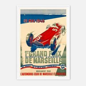 Galrie 1er Grand Prix de Marseille 1946 - Vintage Racing Poster Art by André Bermond, White Frame, 50 x 70cm (20 x 28inch)