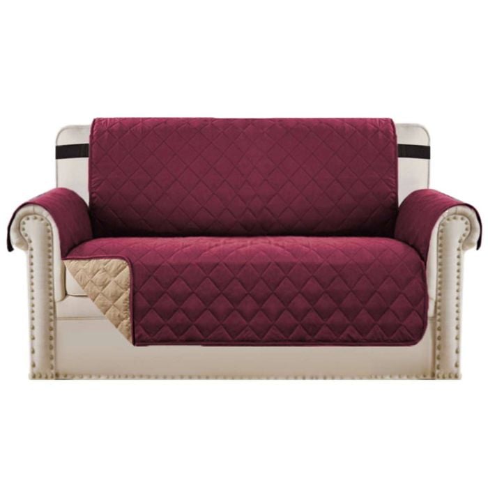 Smarcute 2 Seater Quilted Reversible Sofa Cover with Straps Burgundy