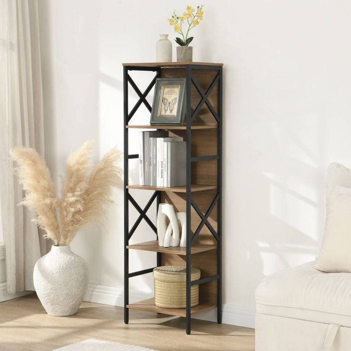 Homfurn 5 Tier Industrial Bookcase With Metal Frame And Backboard,narrow White Book Shelf,book Case For Small Spaces