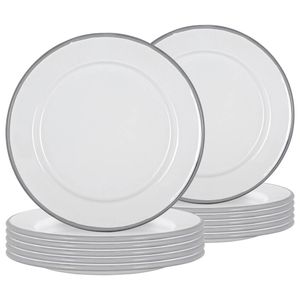 Argon Tableware 20cm Enamel Side Plates - Grey Rim - Set Of 12 - 8inch Small Dish Plates Metal Enamel Tableware Dinner Set