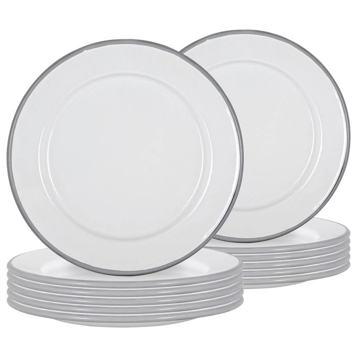 Argon Tableware 20cm Enamel Side Plates - Grey Rim - Set Of 12 - 8inch Small Dish Plates Metal Enamel Tableware Dinner Set