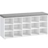 White and Gray Shoe Bench with Cushion and 15 Compartments for Entryway