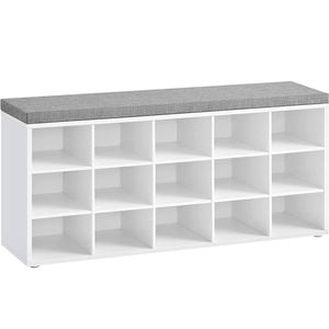 White and Gray Shoe Bench with Cushion and 15 Compartments for Entryway