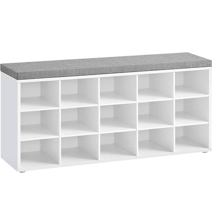 White and Gray Shoe Bench with Cushion and 15 Compartments for Entryway