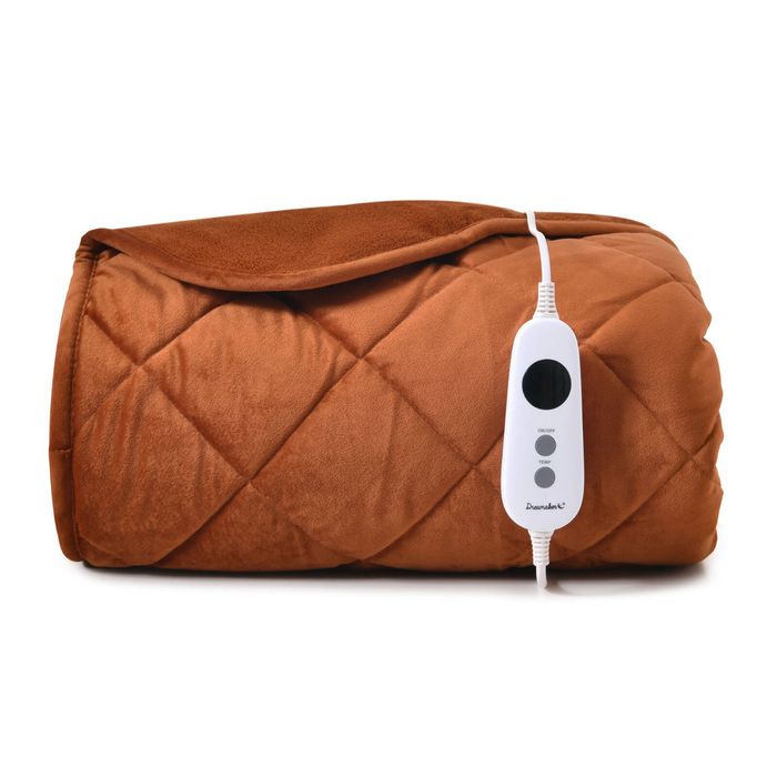 Dreamaker Haven Velvet Quilted Electric Heated Throw Blanket Rust 130x160cm | Overheat Protection & Auto-Off & Machine Washable