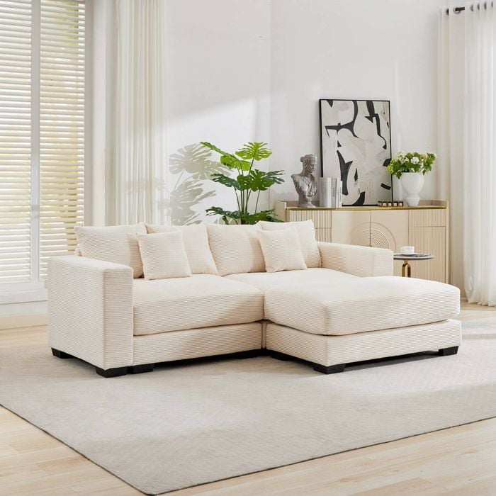Homfurn 231cm Oversized 2 Seater Sofa with Chaise, Corduroy Couches with an Ottoman, 2 Seater Modern Deep Seat Sofa with Pillows