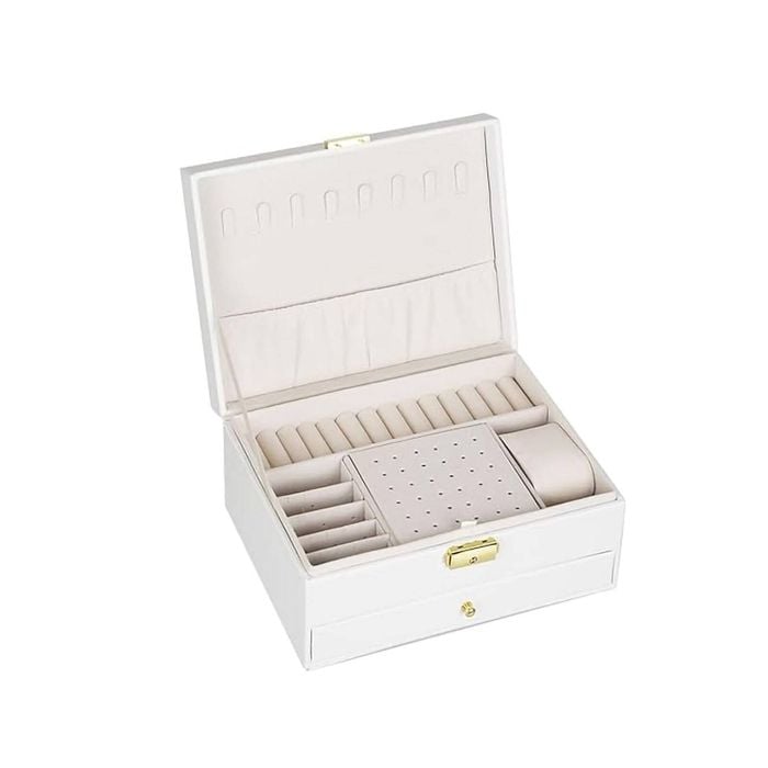 2-Layer Large Jewelry Organizer - Removable Tray - White Gift Box
