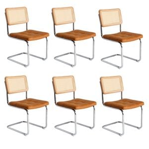 Oikiture 6x Rattan Dining Chair Cesca Replica Cantilever PU Leather Padded Brown