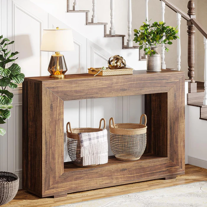 OAKORY 120cm Farmhouse Console Table with Storage Shelves Rustic Brown