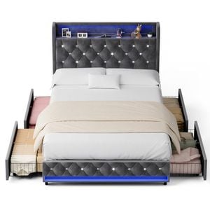 Advwin Double Led Bed Frame With Tufted Velvet Upholstered Headboard & Charging Station 4 Storage Drawers Dark Grey
