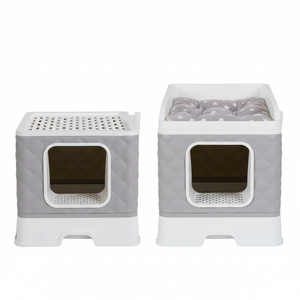 P&P Grey White 2-in-1 Cat Litter Box with Top Entry Bed, Drawer Tray, Cushion Pad and Scoop