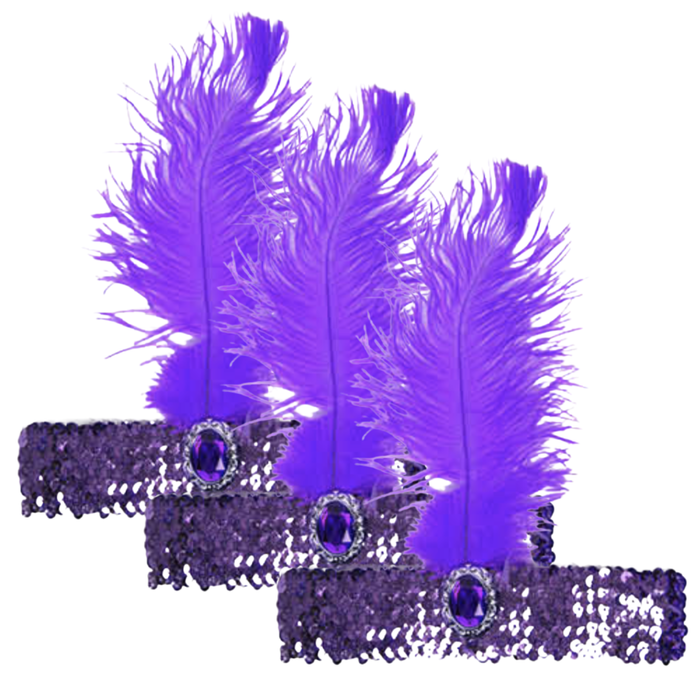 3x 1920s FLAPPER HEADBAND Headpiece Feather Sequin Charleston Costume Gatsby Purple